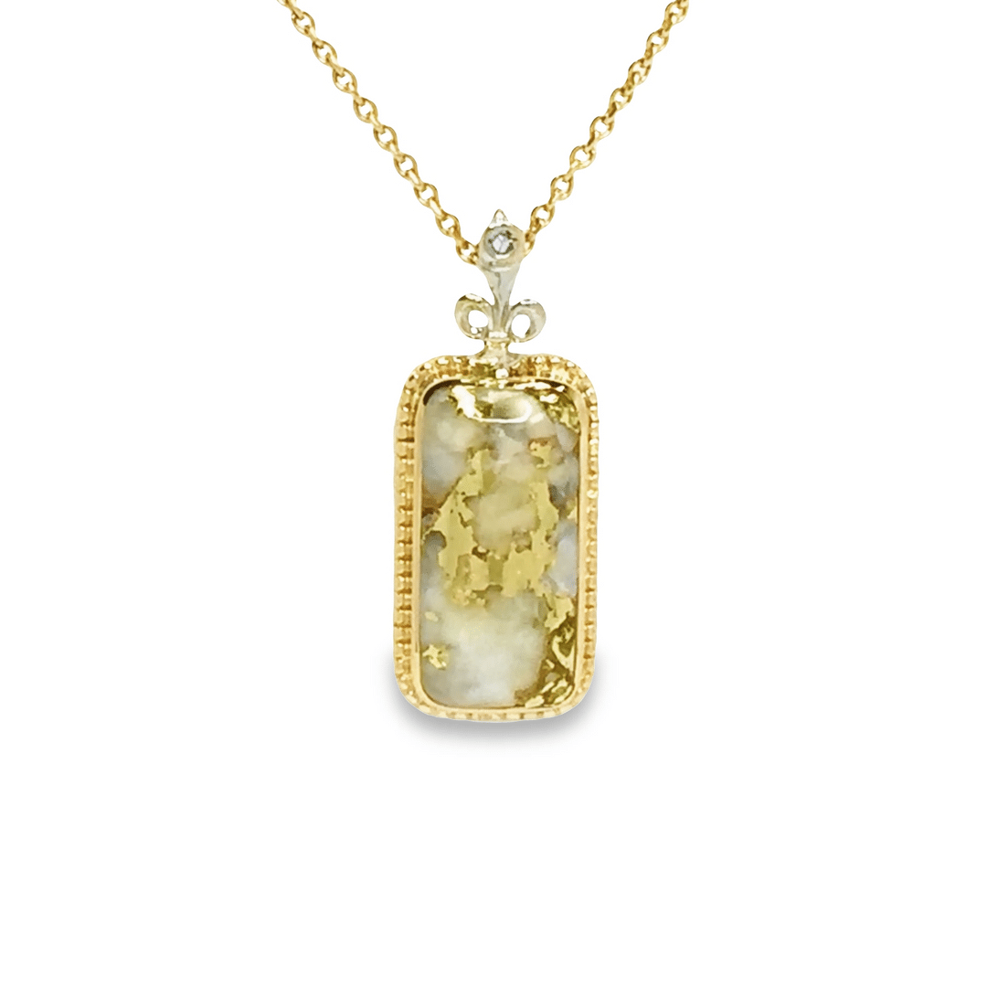Fleur De Lis, Gold Quartz, Inlaid Diamond Pendant, Alaska Mint