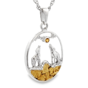 Citrine Gold Nugget Howling Wolf Sterling Silver Ladies Pendant, Alaska Mint