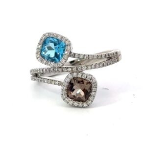 Smokey Quartz & Blue Topaz White Gold Ring 075629