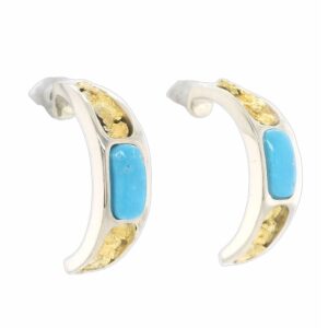White Gold Turquoise Gold Nugget Hoop Earrings, Alaska Mint