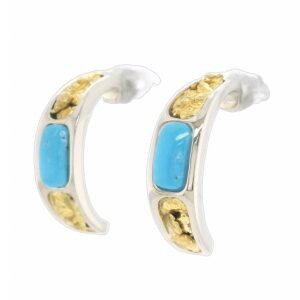 White Gold Turquoise Gold Nugget Hoop Earrings, Alaska Mint