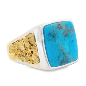 Square Turquoise Gold Nugget Silver Ring, Alaska Mint