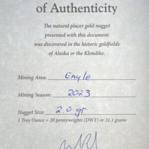 Certificate of Authenticity, 2.0 Gram Natural Gold Nugget from Eagle Alaska, Alaska Mint