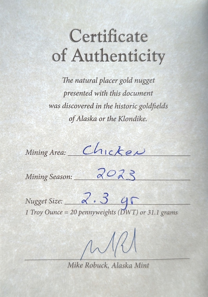 Certificate of Authenticity, 2.3 Gram Natural Gold Nugget from Chicken Alaska, Alaska Mint