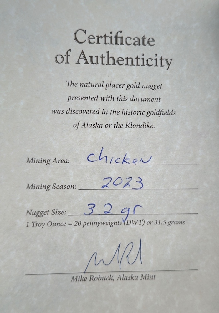 Certificate of Authenticity, 3.2 Gram Natural Gold Nugget from Chicken Alaska, Alaska Mint