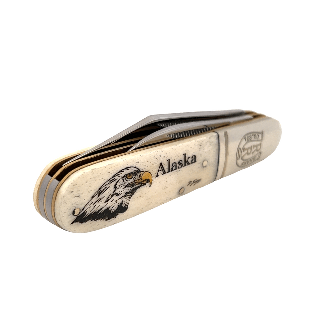 3.25" Scrimshaw Bone Handle 2 Blade Knife, Alaska Mint