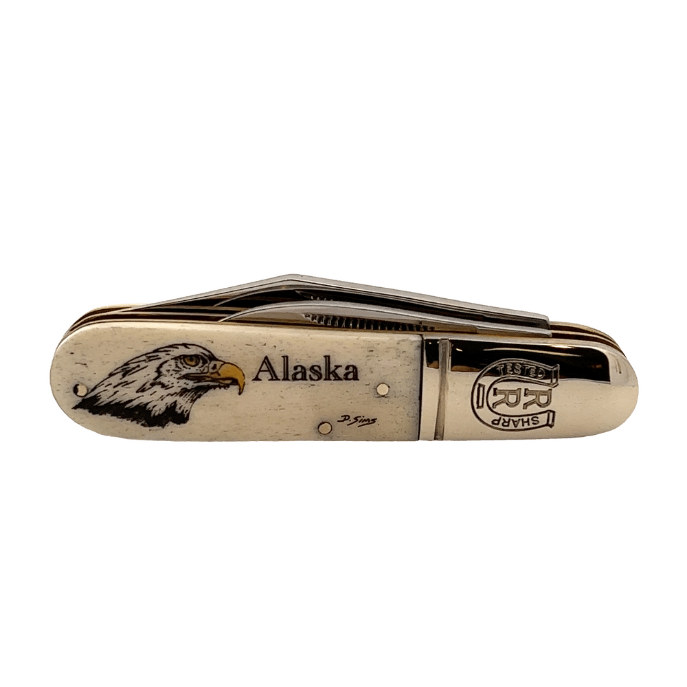3.25" Scrimshaw Bone Handle 2 Blade Knife, Alaska Mint