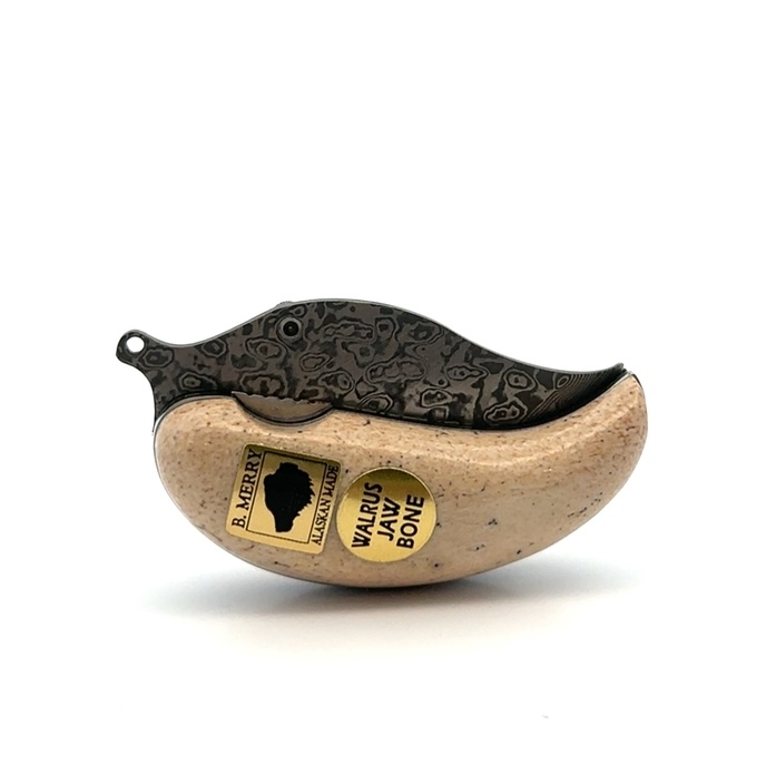 Ulu Style Pocket Knife with Damascus Blade and Walrus Jaw Handle - Image 2