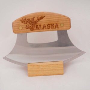 Inupiat Style Alaska Birch Handle Ulu with Moose & Alaska Artwork