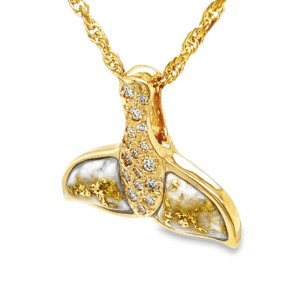Diamond 14k Whale Tail Gold Quartz Pendant, Alaska Mint