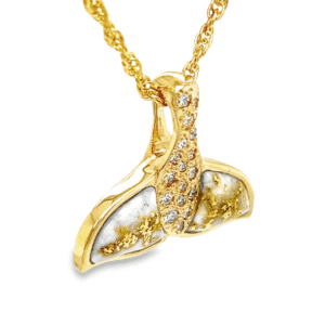 Diamond 14k Whale Tail Gold Quartz Pendant, Alaska Mint
