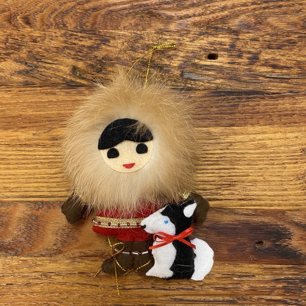 Alaskan Felt and Beaded Native Child with Puppy Christmas Ornament