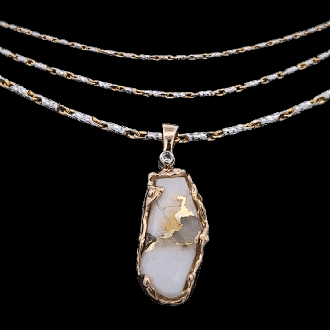 14k White & Yellow Gold 2-Tone Pendant Chains, Alaska Mint, Gold quartz pendant