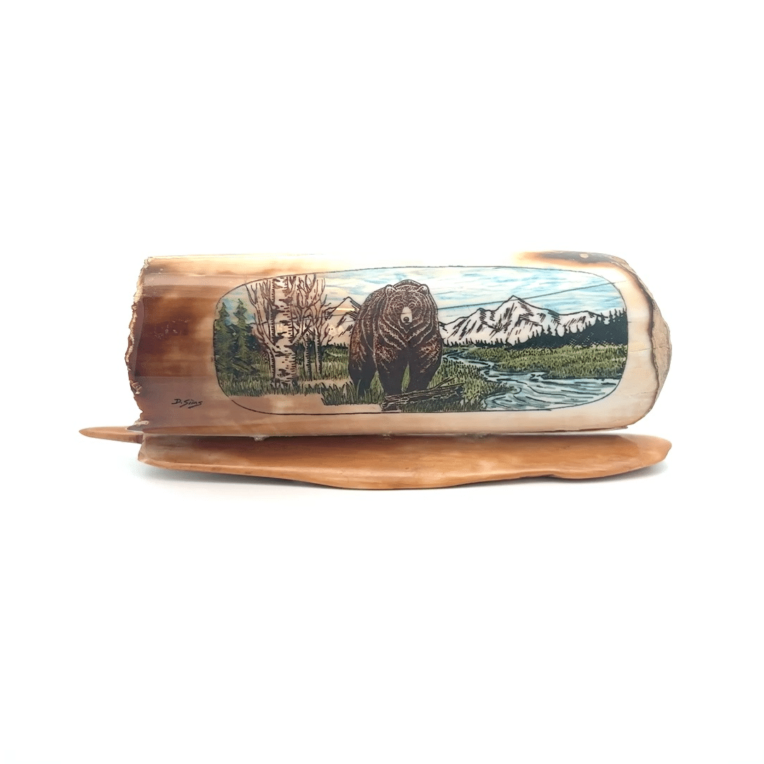 Fossil Ivory with Brown Bear Scrimshaw Artwork