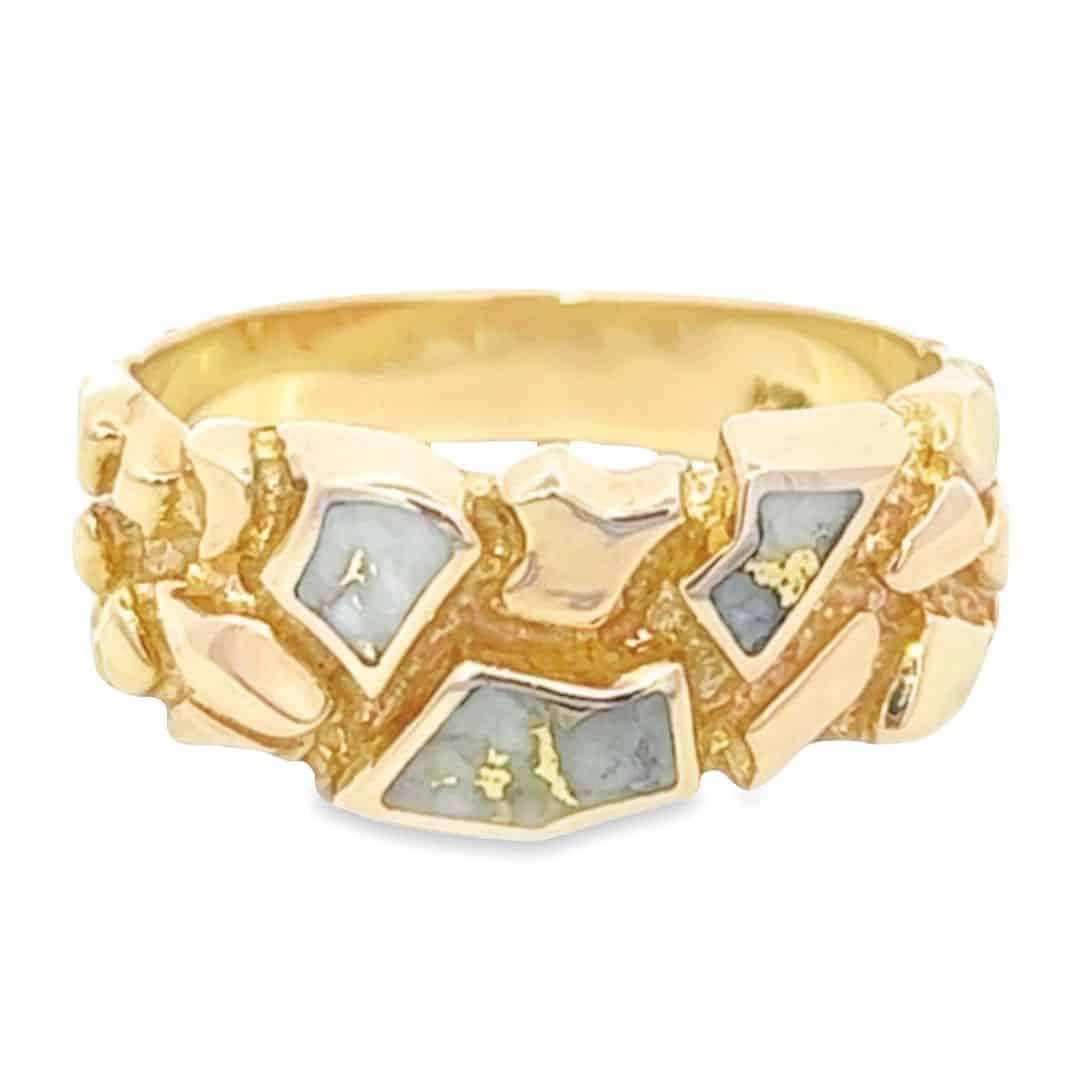 Gold Quartz Ring 3 Section Inlaid Nugget Band, Alaska Mint