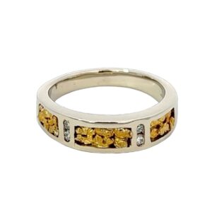 Gold Nugget & 2 Rows Diamond White Gold Ladies Ring