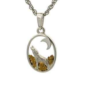 Gold Nugget Howling Wolf Pendant