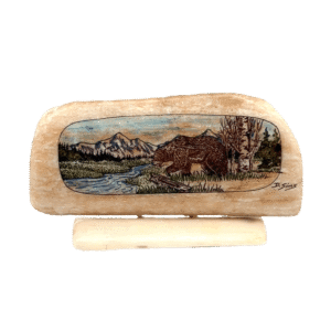 Fishing Bear Scrimshaw Fossilized Ivory, Alaska Mint