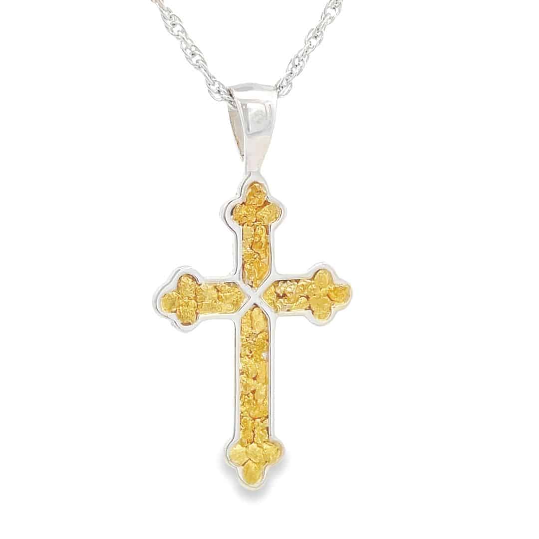Silver Cross Gold Nugget Pendant, Alaska Mint