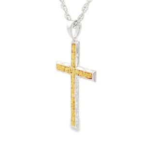 Textured Silver Cross Gold Nugget Pendant, Alaska Mint