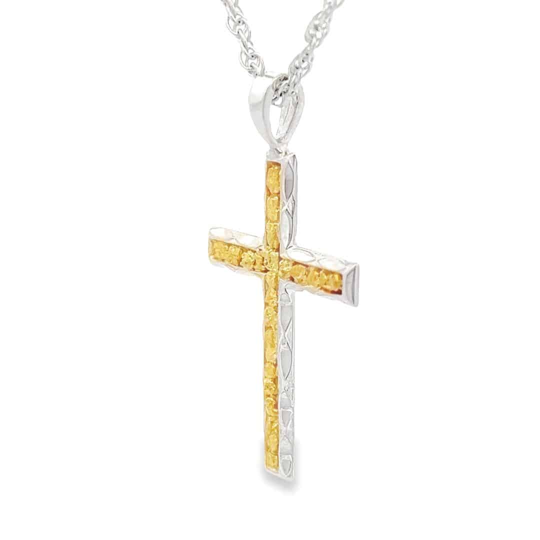 Textured Silver Cross Gold Nugget Pendant, Alaska Mint