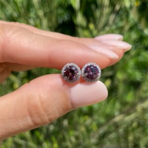 Raspberry Zircon & Diamond Halo Stud Earrings, Alaska Mint