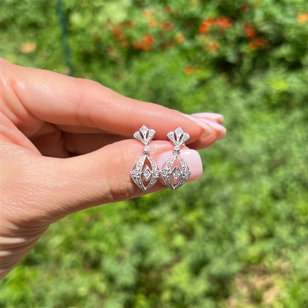 Filigree & Milgrain Diamond Drop Earrings, Alaska Mint
