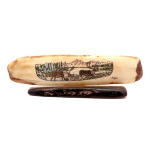 2 Caribou Scrimshaw Artwork Fossil Ivory, Alaska Mint