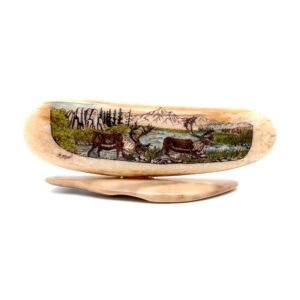 2 Caribou Scrimshaw Artwork Fossil Ivory, Alaska Mint