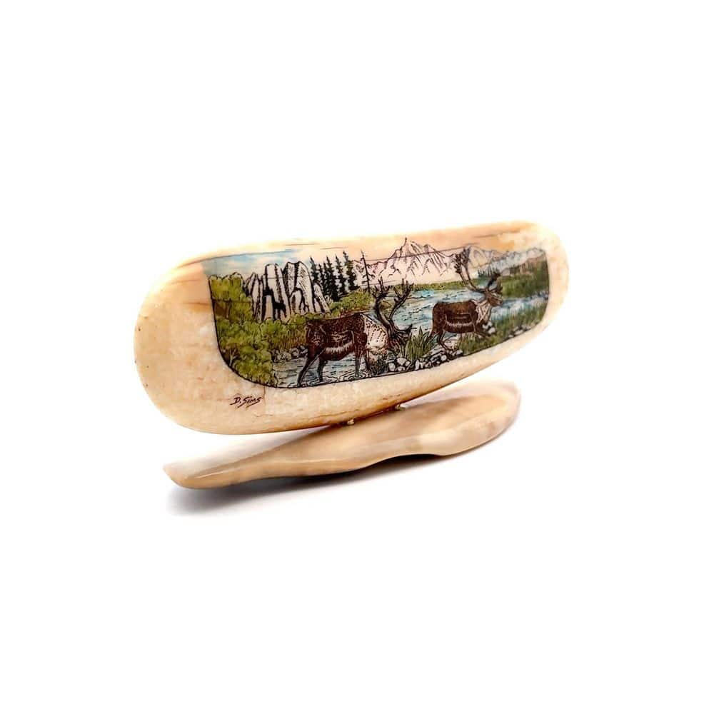 2 Caribou Scrimshaw Artwork Fossil Ivory, Alaska Mint