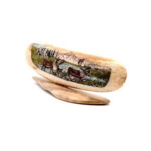2 Caribou Scrimshaw Artwork Fossil Ivory, Alaska Mint