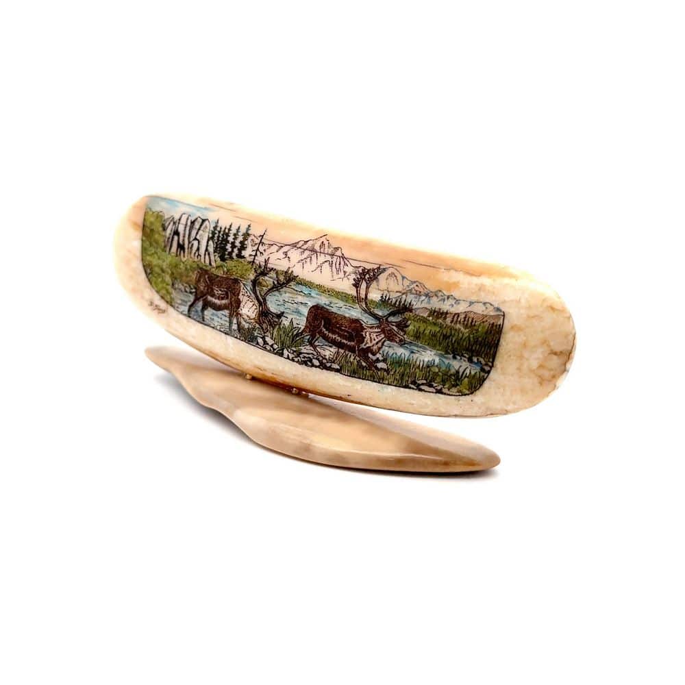 2 Caribou Scrimshaw Artwork Fossil Ivory, Alaska Mint