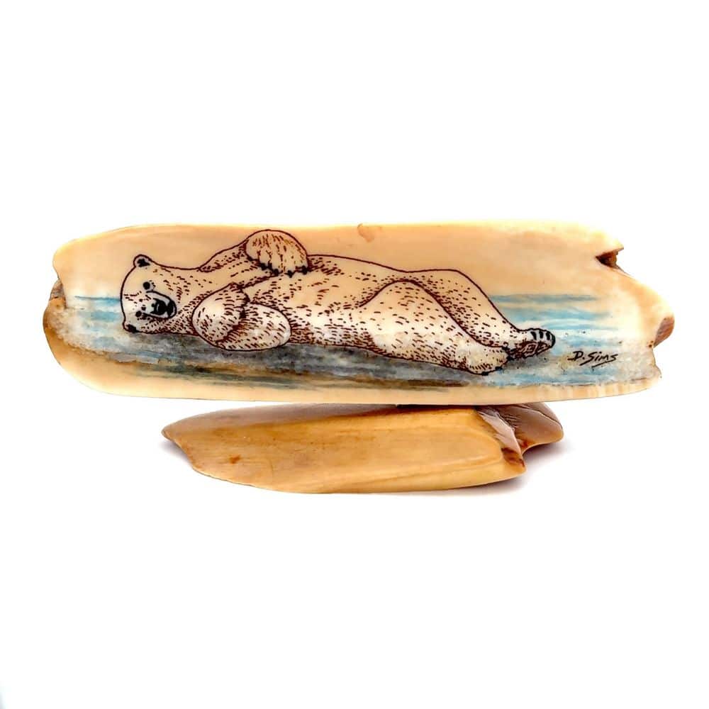 Floating Polar Bear Scrimshaw Artwork Fossil Ivory, Alaska Mint