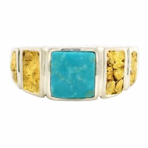 Square Turquoise Gold Nugget Silver Ring, Alaska Mint