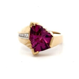 Estate Fantasy Cut Garnet, Diamond & 18k Gold Ring 071072