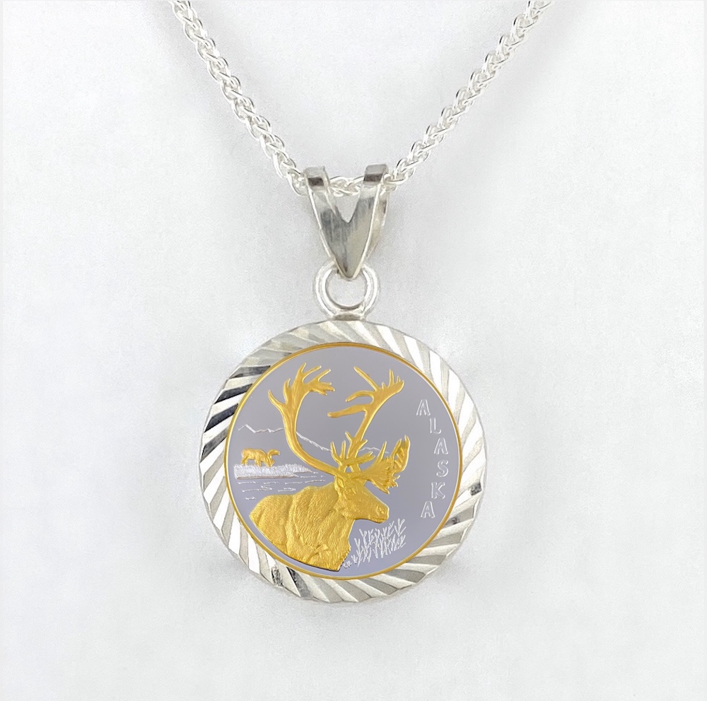 Caribou 1/10 oz Gold Relief Diamond Cut Pendant