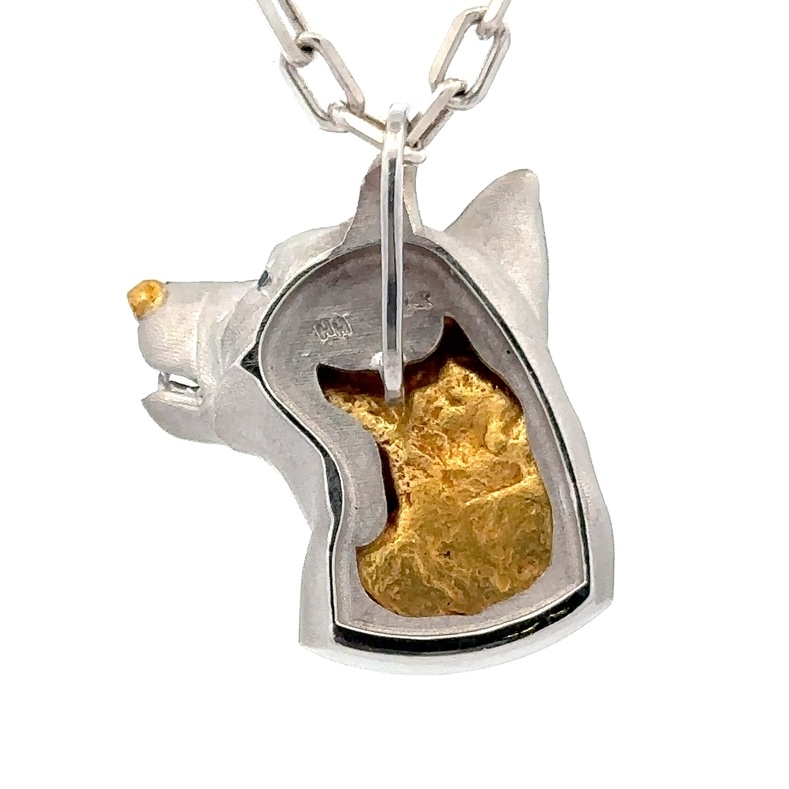 Alaskan Husky Sled Dog Pendant in 14K White Gold, Nugget and Sapphires 074251 - Image 3