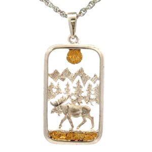 Sterling Silver & Gold Nugget Moose Dog Tag Pendant P-571SS