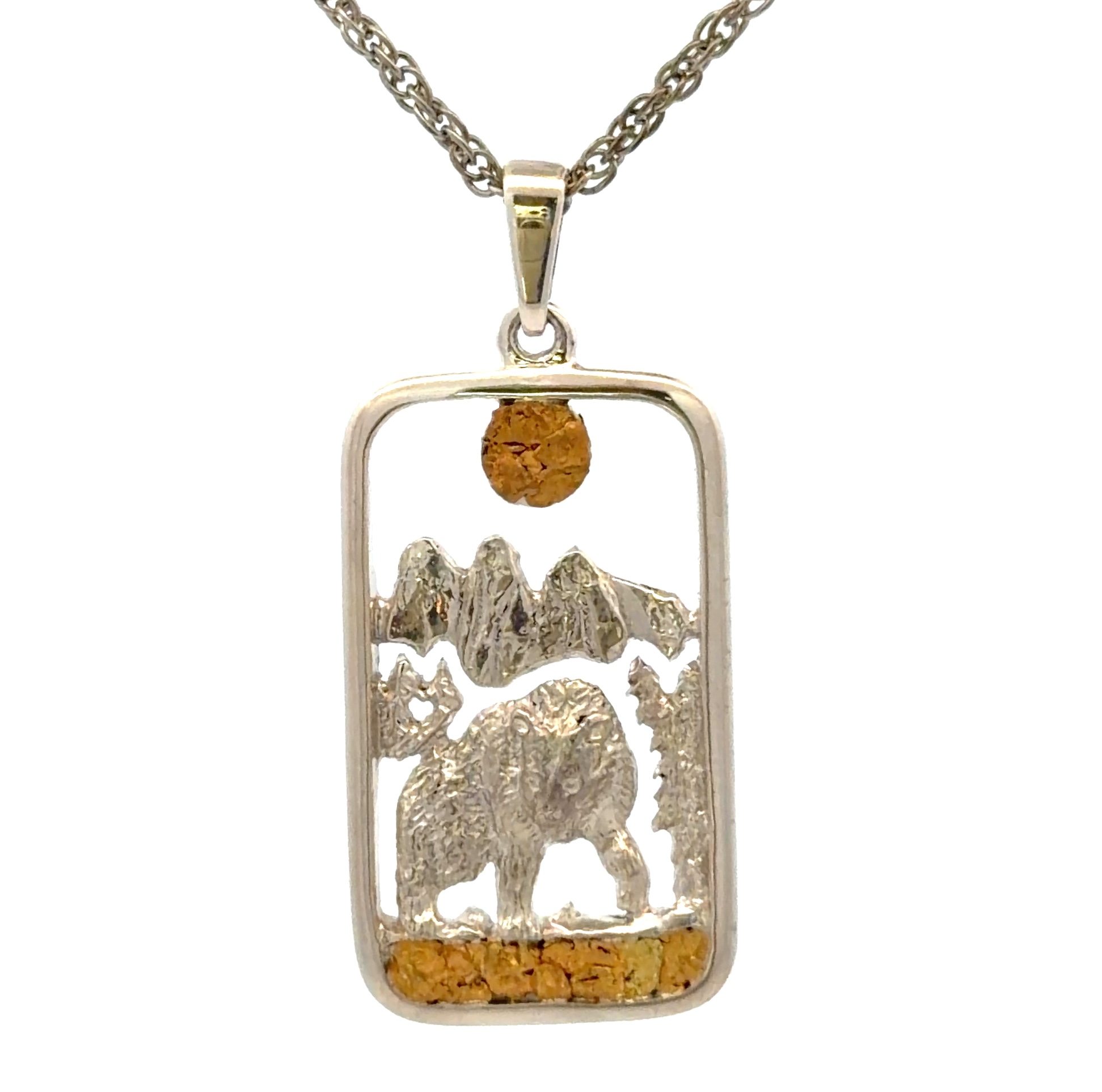 Sterling Silver & Gold Nugget Wolf Dog Tag Pendant P-575SS