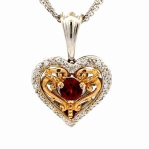 2 Tone Garnet & Diamond Heart Estate Pendant 073970