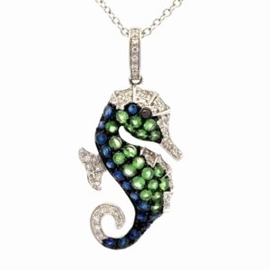 Sapphire, Tsavorite, & Diamond Seahorse Estate Pendant 090112