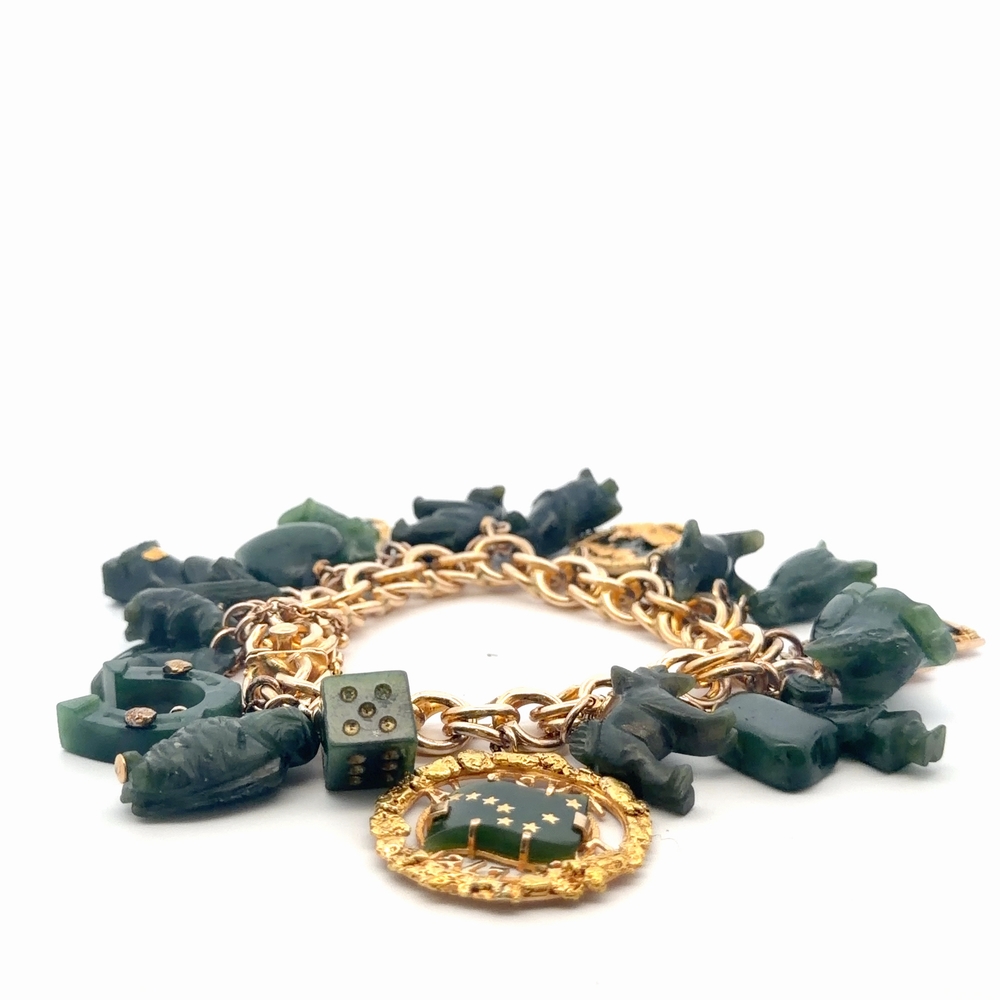 14K Gold Bracelet With 20 Jade & Gold Charms Estate 078355 - Image 2