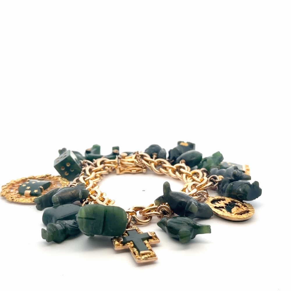 14K Gold Bracelet With 20 Jade & Gold Charms Estate 078355 - Image 3