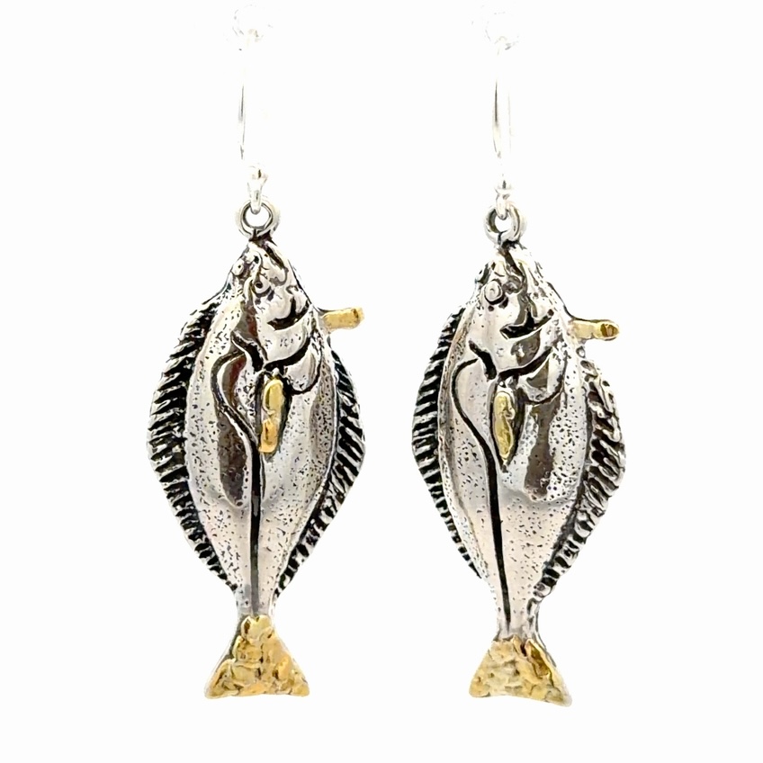 Large Sterling Silver & Gold Nugget Halibut Earrings EW095