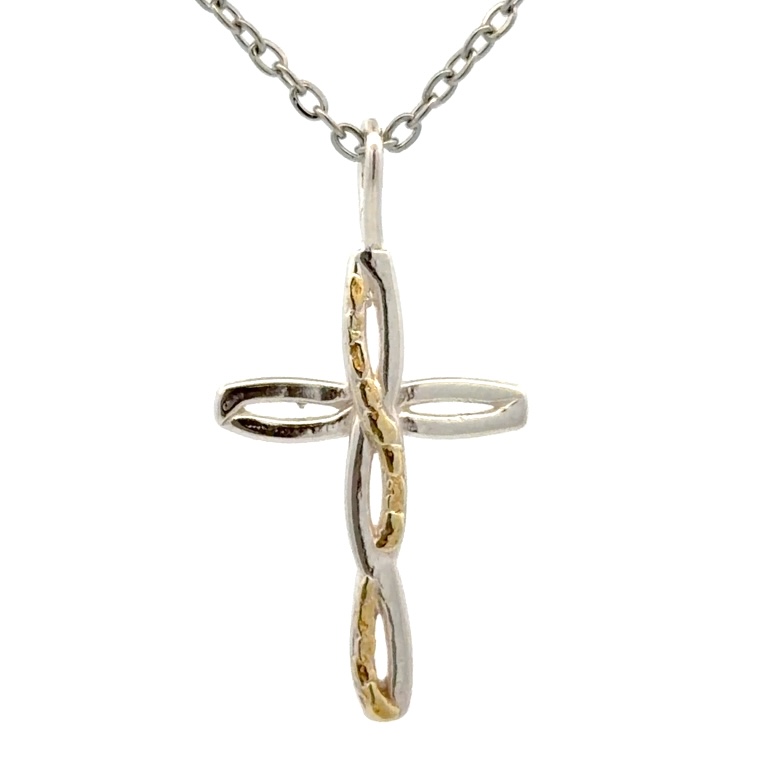 Ribbon Cross Sterling Silver & Gold Nugget Pendant N026