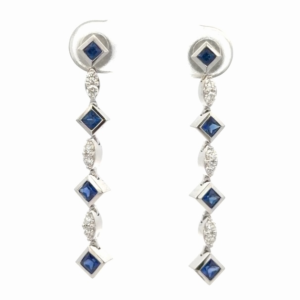 18K Sapphire & Diamonds Long Post Estate Earrings 078348