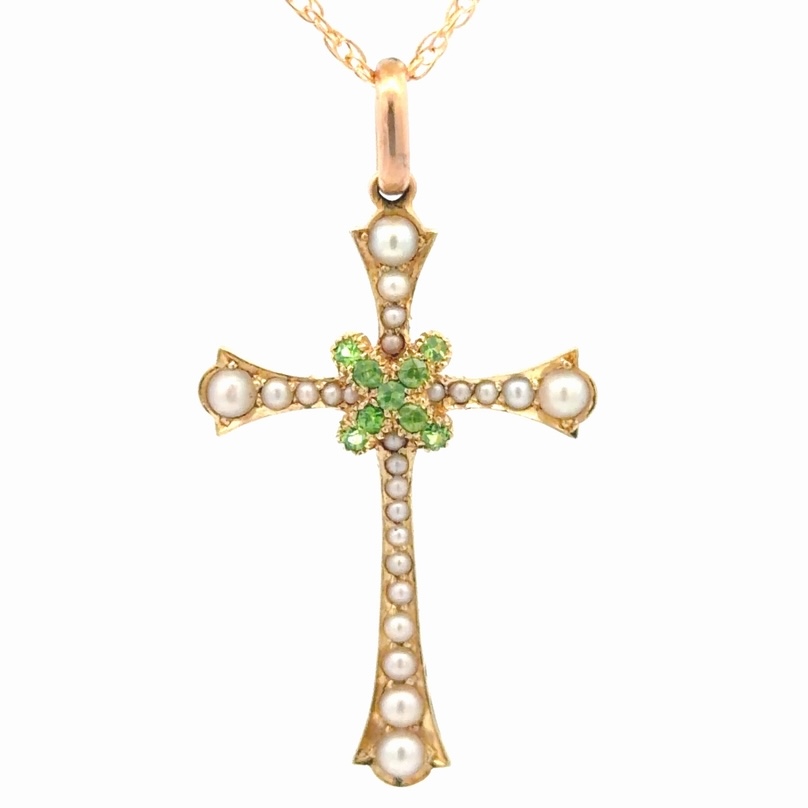 Demantoid Garnet & Pearl Ladies Cross Estate Pendant 077363