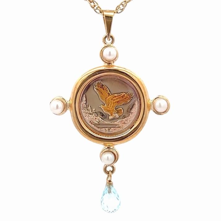 Blue Topaz, Pearls, 1/10th oz Alaska Mint Estate Pendant 078123