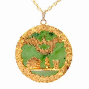 Gold Nugget & Jade Cabin Scene Estate Pendant 078384