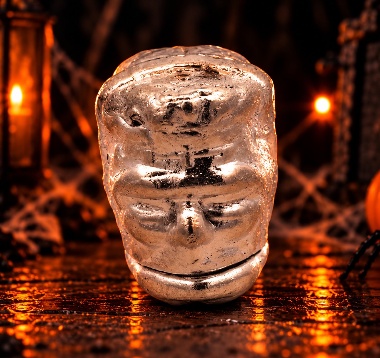 Large Hand Poured Silver 3-D Frankenstein Head